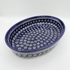 Polish Pottery Boleslawiec Oval Casserole Baking Dish Cobalt Swirl 13.75"